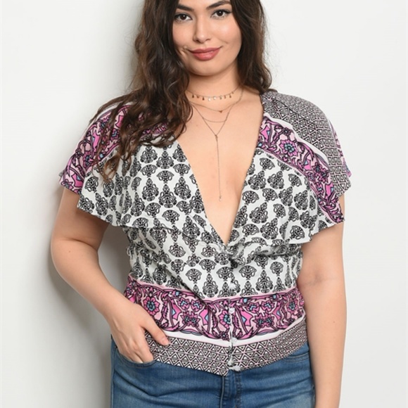 deep v neck printed blouse
